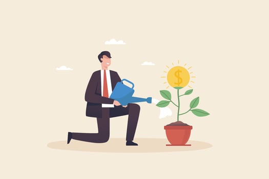 Stages of Growing Money. Beginning, Challenges, Strategies, Financial or investment growth. Businessman watering money plants. vector