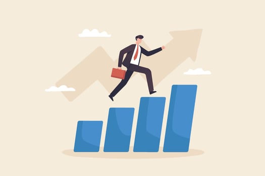 Successful investors, growth chart, investment strategies, portfolios, income gains, earn more, financial management. Businessman running on bar chart. vector