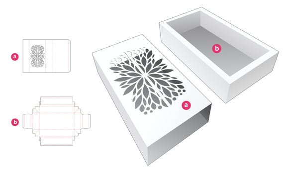 Stenciled sliding box die cut template and 3D mockup vector