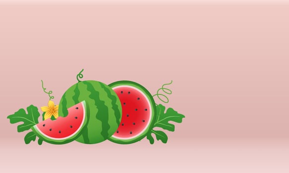 Watermelon and juicy slices vector, flat design of green leaves and flower and watermelon juice illustration, Fresh and juicy fruit concept of summer food. vector