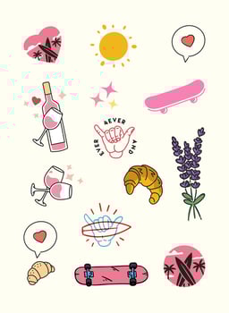 Surf And Wine Summer Sticker Pack. Simple Outline Drawings of Rose Wine, Surfboards, Shaka, Croissant, Sunset And More. Symbols of Love, Sun, Surfing And Chill. vector