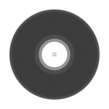 Retro music vinyl disk. Black vintage audio disc with blank white label. Old school acoustic audio revival. Vector illustration isolated on white background.