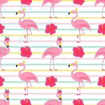 Summer seamless pattern with cute pink flamingos in a crown and pink glasses and hibiscus flowers. Bright vector illustrations in a flat cartoon style on white background with colored texture stripes.
