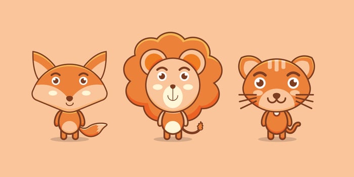 kawaii lion fox and cat animal character vector