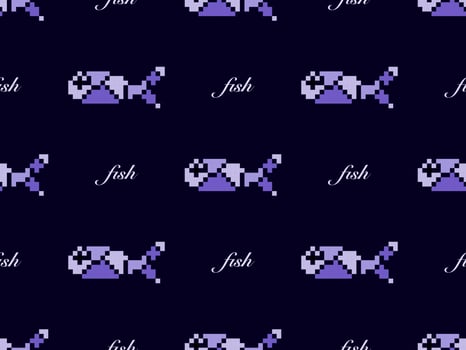 Fish cartoon character seamless pattern on purple background. Pixel style. vector