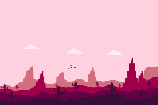 Desert landscape with cactus and hills silhouettes background Vector illustration