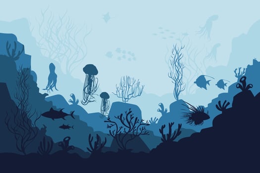 Underwater ocean background. Black silhouettes swimming sea fish with corals and vector plants.