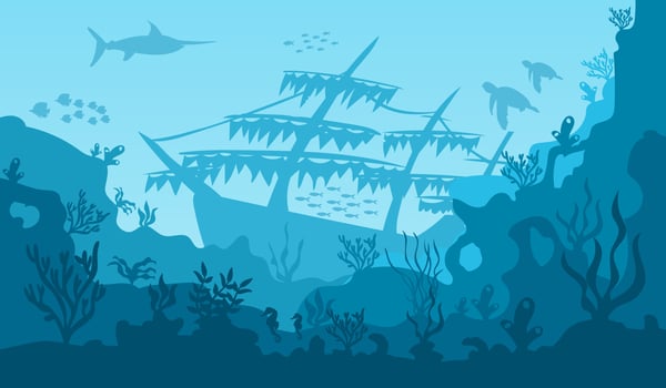 Underwater ocean background. Black silhouettes swimming sea fish with corals and vector plants.