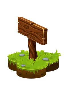 Vector wooden board pointer in isometric ground. Illustration of a land island with grass.