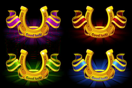 Vector banner golden horseshoes with color ribbons. A set of colorful horseshoes of good luck.