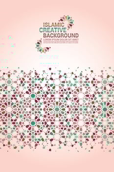 Islamic greeting card, banner background with ornamental colorful details of arabesque mosaic Islamic art ornament. Vector illustration