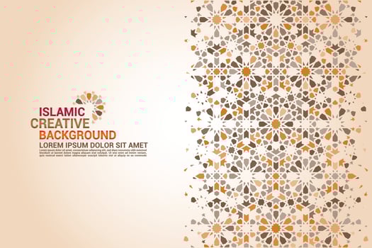 Islamic greeting card, banner background with ornamental colorful details of arabesque mosaic Islamic art ornament. Vector illustration
