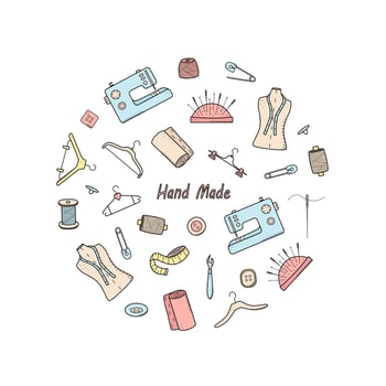 Tools for sewing and needlework. Doodle icon set tailoring, vector illustration thread needles mannequin sewing machine hangers buttons