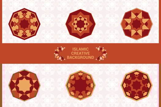 Islamic greeting card, banner background with ornamental colorful details of arabesque mosaic Islamic art ornament. Vector illustration.