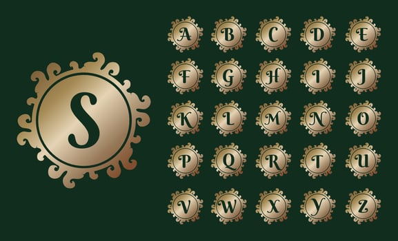 Letter A To Z Decorative Alphabet Logo Bundle Isolated On Dark Green Background. Elegant Curl Floral Logo Concept, Luxury Gold Initial Abjad Logo Design Template. EPS 10 File Project vector
