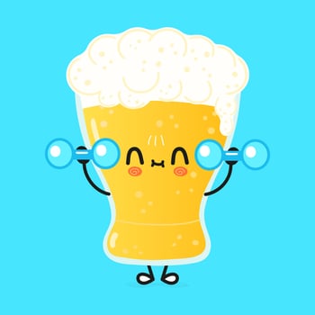 Cute funny glass of beer character with dumbbells. Vector hand drawn cartoon kawaii character illustration icon. Isolated on blue background. Glass of beer character gym concept