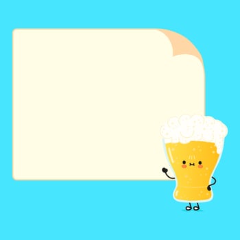 Cute funny glass of beer character with speech bubble. Vector hand drawn cartoon kawaii character illustration icon. Isolated on blue background. Glass of beer character concept