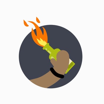 Molotov cocktail. Fire and bottle. Propellant Bomb and Napalm. African-American holds in hand Weapon of revolt and protest. The rebel symbol and riot. vector