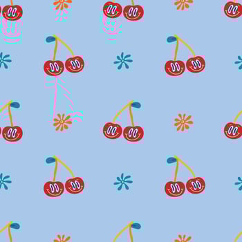 Psychedelic seamless patterns in retro 70s style, groovy hippie backgrounds. Teen funky print with crazy cherries and hippie-style flowers. vector