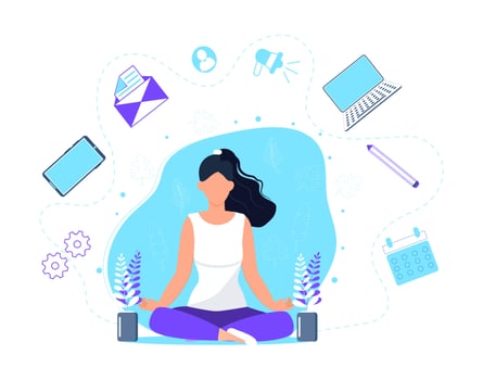 Business yoga concept vector. Office meditation, self-improvement, controlling mind and emotions, zen relax concentration yoga practice. Woman is sitting in lotus position. vector