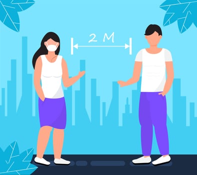 Social distancing concept vector, Woman and man are keeping distance for infection risk and disease. Girl is wearing medical mask for protection of Covid-19. Prevention coronavirus illustration. vector