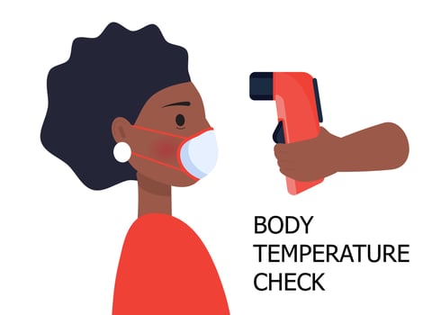Body temperature check is required. Non-contact thermometer in hand. African woman is wearing mask on the face. Coronavirus prevention, control vector isolated on white background.
