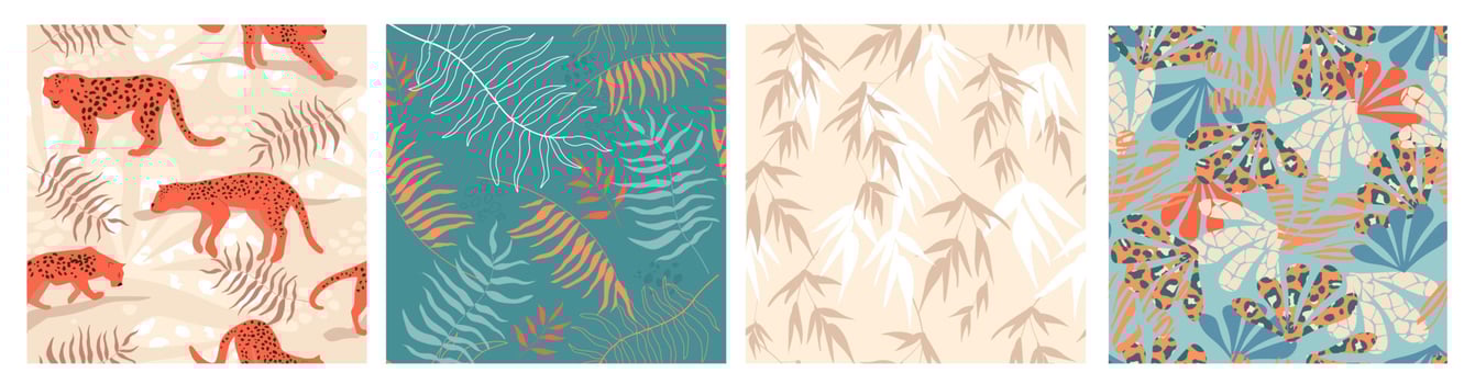 A set of seamless patterns with summer tropical, exotic animal print. Palm leaves, leopard spots. Vector graphics.
