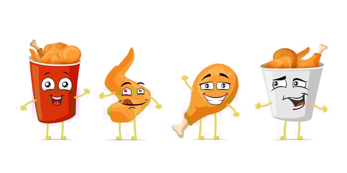 Fried crispy chicken leg and wing funny smiling cartoon character set. Roasted poultry meat cute happy face expression mascots. Different fast food bucket packages joyful comic emoticons vector eps