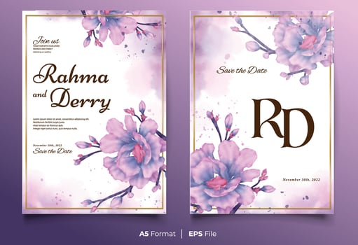 Watercolor wedding invitation template with purple and blue flower ornament vector