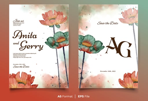 Watercolor wedding invitation template with orange and green flower ornament vector