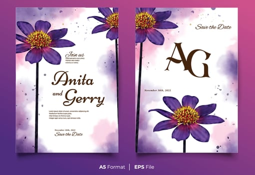 Watercolor wedding invitation template with yellow and purple flower ornament vector