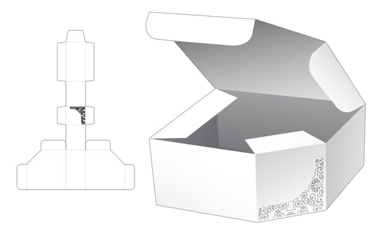 Angle stenciled tin box die cut template and 3D mockup vector