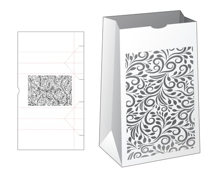 Stenciled bag die cut template and 3D mockup vector