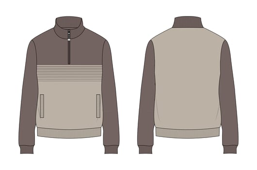 Two tone Khaki Color Long sleeve with Short zip fleece jacket overall technical fashion Flat sketch Vector illustration template