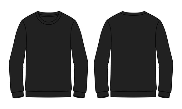 Long sleeve sweatshirt technical fashion flat sketch vector illustration black Color template front and back views