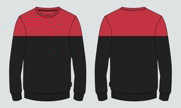 Two tone Black and Red Color Long sleeve Sweatshirt technical fashion Flat Sketch drawing vector illustration template For men's. Apparel design mockup