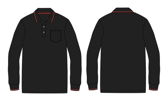 Long sleeve Polo shirt With pocket technical fashion flat sketch vector Illustration black Color Mock up template front and Back views isolated on white Background.