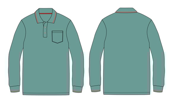 Long sleeve Polo shirt With pocket technical fashion flat sketch vector Illustration Green Color Mock up template front and Back views isolated on white Background.