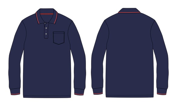 Long sleeve Polo shirt With pocket technical fashion flat sketch vector Illustration Navy Color Mock up template front and Back views isolated on white Background.