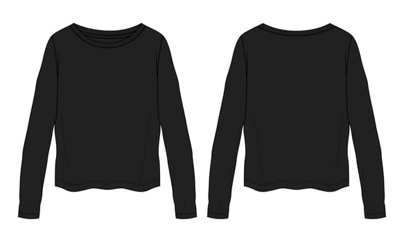 Long Sleeve T shirt Tops technical fashion flats sketch vector illustration Black Color  template front and back views. Apparel design mock up Womens Unisex CAD.