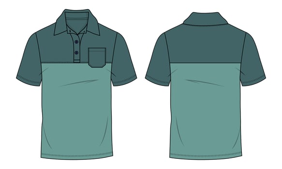 Short Sleeve Polo shirt with Chest Cut and sew technical fashion flat sketch vector template front and back views. Pique cotton jersey dress design mock up illustration.