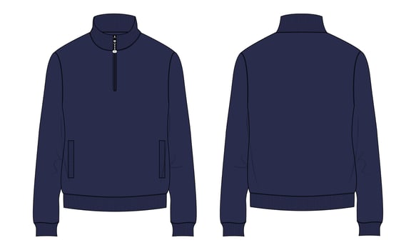 Long sleeve with Short zip fleece jacket  Sweatshirt technical fashion Flat sketch Vector illustration navy Color template Front, back views.