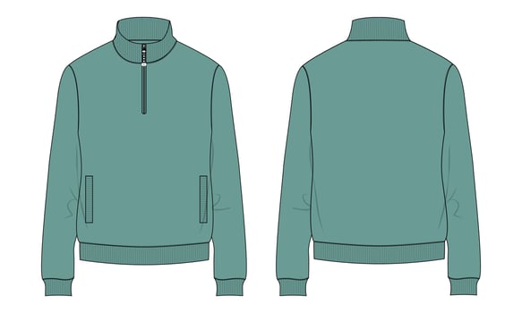 Long sleeve with Short zip fleece jacket  Sweatshirt technical fashion Flat sketch Vector illustration green Color template Front, back views.