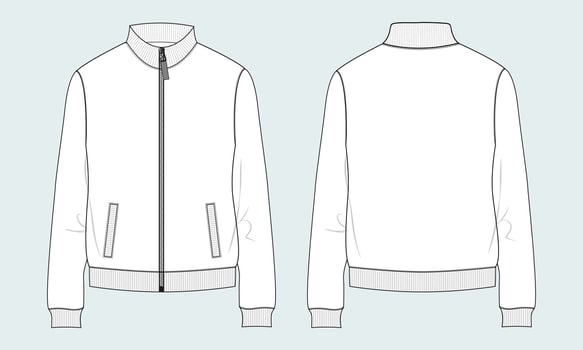 Long sleeve with Long zip fleece jacket  Sweatshirt technical fashion Flat sketch Vector illustration template Front, back views.