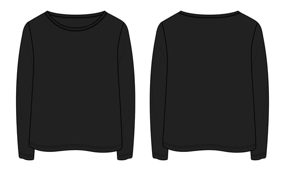 Long Sleeve T shirt tops technical fashion flat sketch Vector Illustration black color template for ladies and baby girls