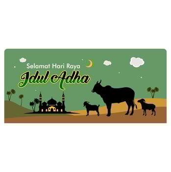Eid al Adha greetings with silhouette goat, cow and mosque. selamat hari raya Idul Adha translates to Eid al Adha mubarak. social media post. banner concept backgound vector