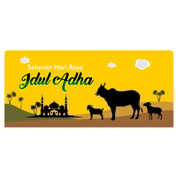 Eid al Adha greetings with silhouette goat, cow and mosque. selamat hari raya Idul Adha translates to Eid al Adha mubarak. social media post. banner concept backgound vector