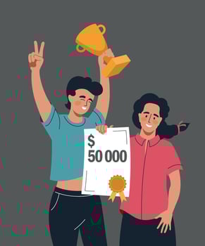 Winners. A man holds a cup and rejoices in victory. The girl is holding a certificate for a cash prize. Vector image.