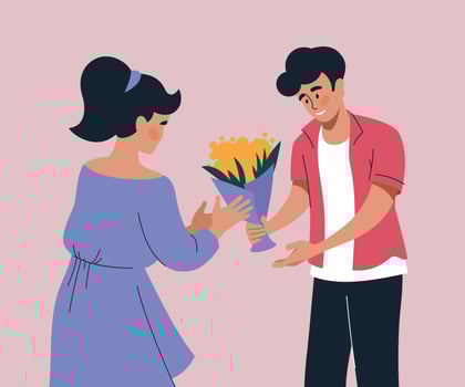 People with flowers. A man gives a bouquet of flowers to a woman. Vector image.