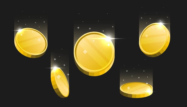 Blank golden cryptocurrency coins falling on dark background. vector